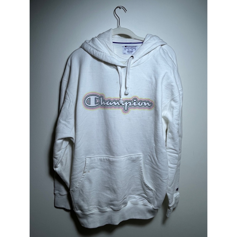 Champion White Rainbow Script Logo Hoodie Mens Pullover Fleece Sweatshirt